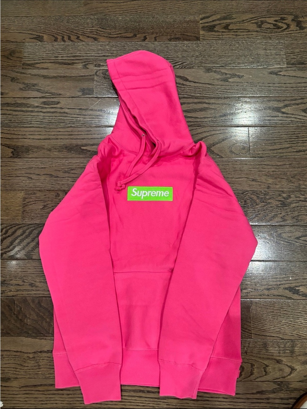 Supreme Hot Pink Hoodie with Green Woven Logo Tag